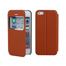 iPhone SE 5 5s - Genuine Leather Window View Front Flip Matte Stand Protective Phone Cover Case - Brown